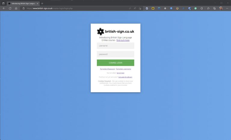 Screenshot of british-sign.co.uk online course login screen.